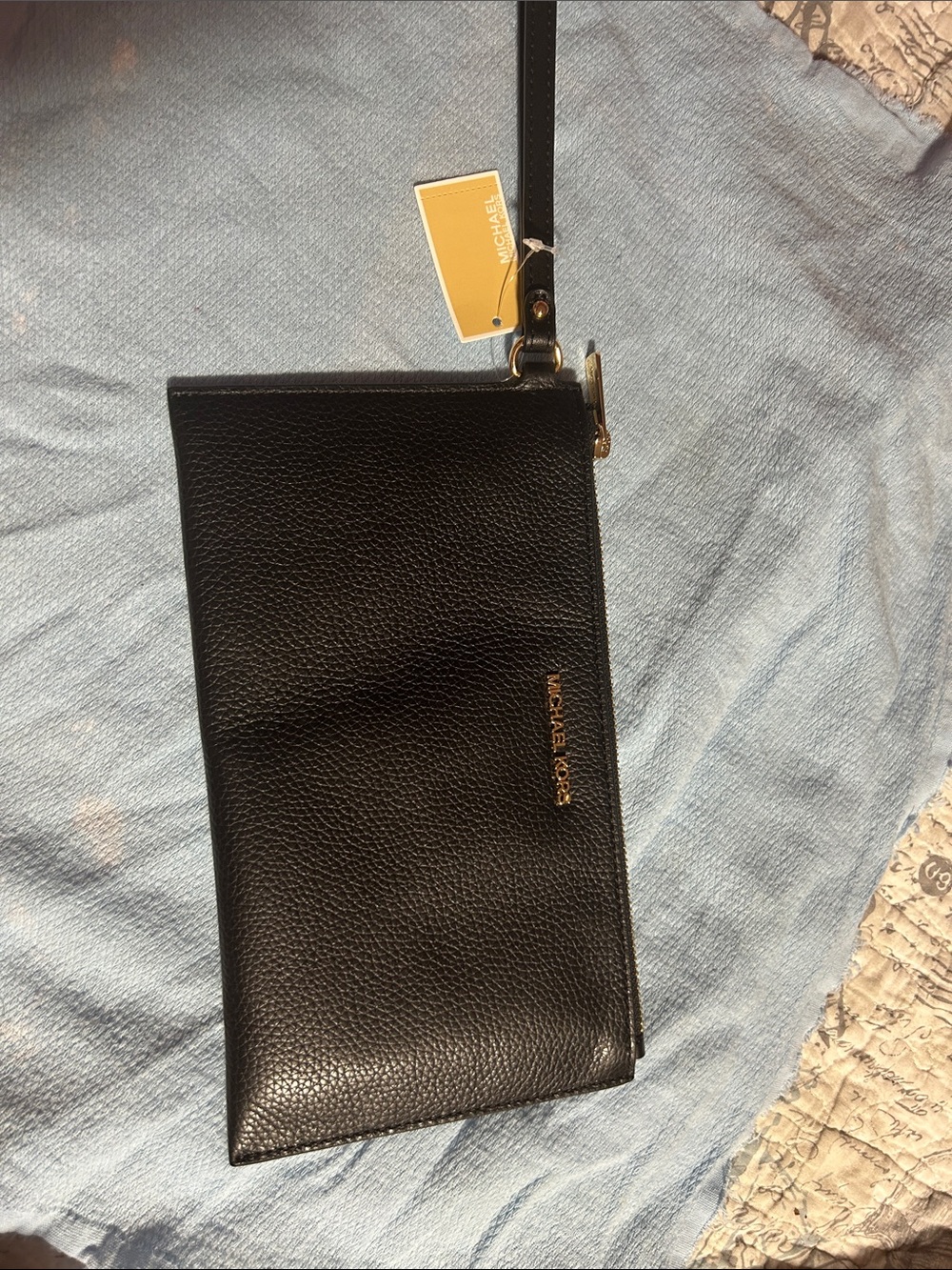 Michael Kors Black Pebbled Leather Wristlet with Gold Accent